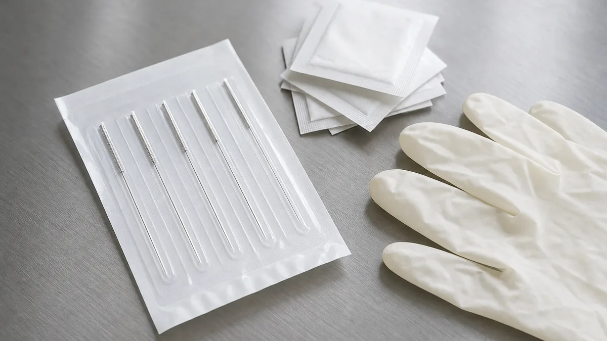 Feine Akupunkturnadeln in steriler Einwegverpackung neben einer ruhig liegenden Hand auf einer Behandlungsliege