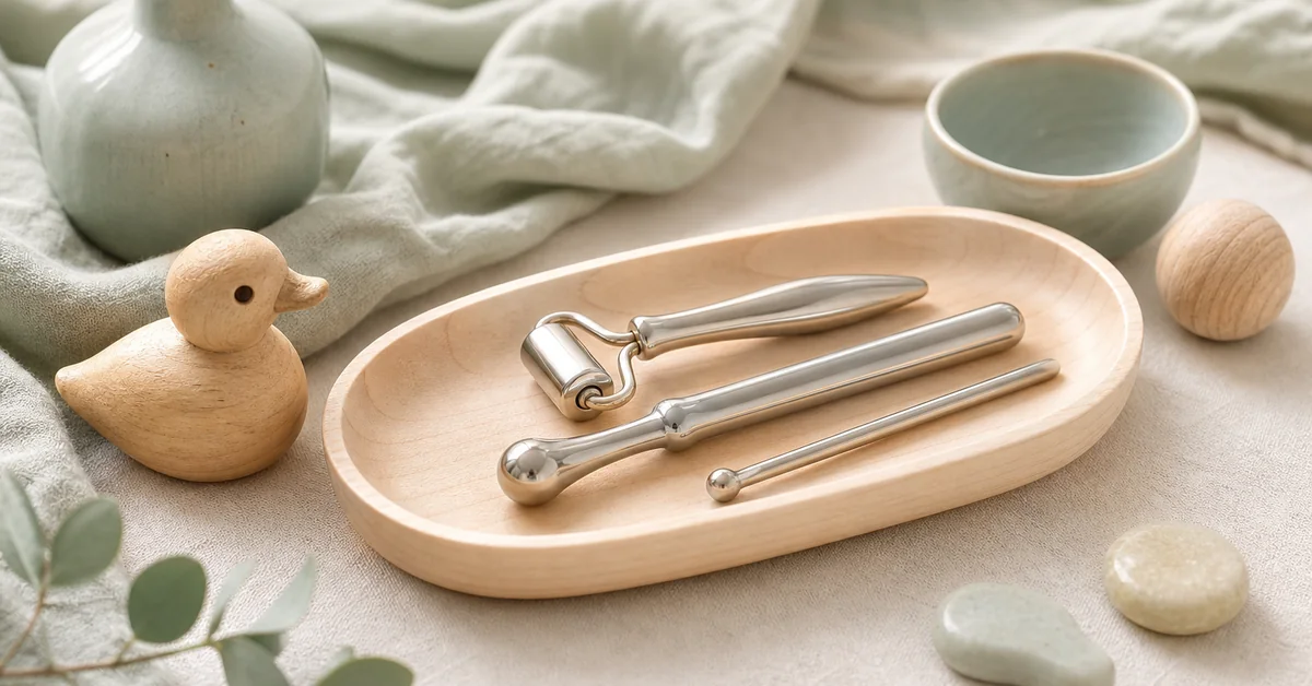 Therapeutin streicht mit einem kleinen stumpfen Metallstäbchen sanft über den Rücken eines angezogenen Kleinkinds, das entspannt auf dem Schoss der Mutter sitzt.